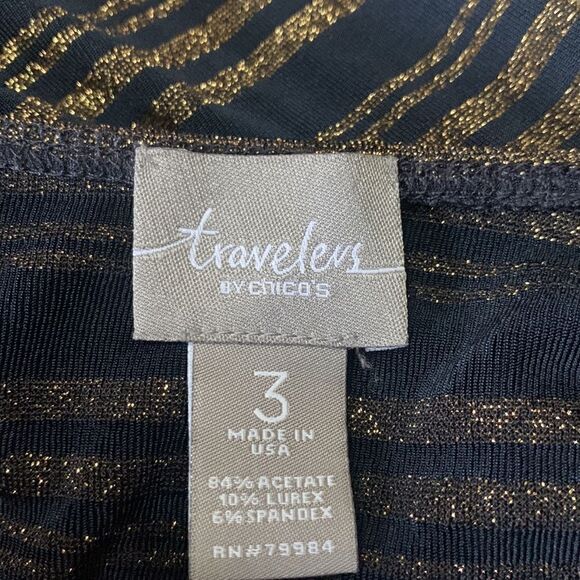 CHICO'S Travelers Top XL Sz 3  black Gold Stripe Blouse Stretch Wrinkle Resist - Picture 6 of 6
